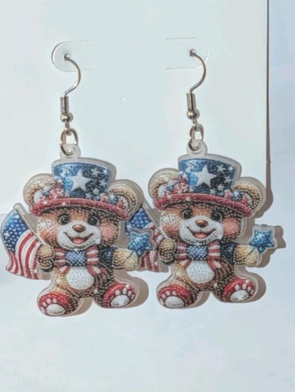 Patriotic Teddy Bear Dangle Earrings - Red White Blue